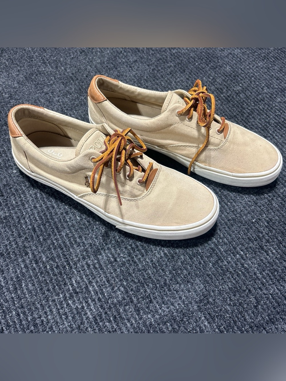 Polo Ralph Lauren FLESH PONY Canvas Beige and White Leather Lace Up Sneakers 12